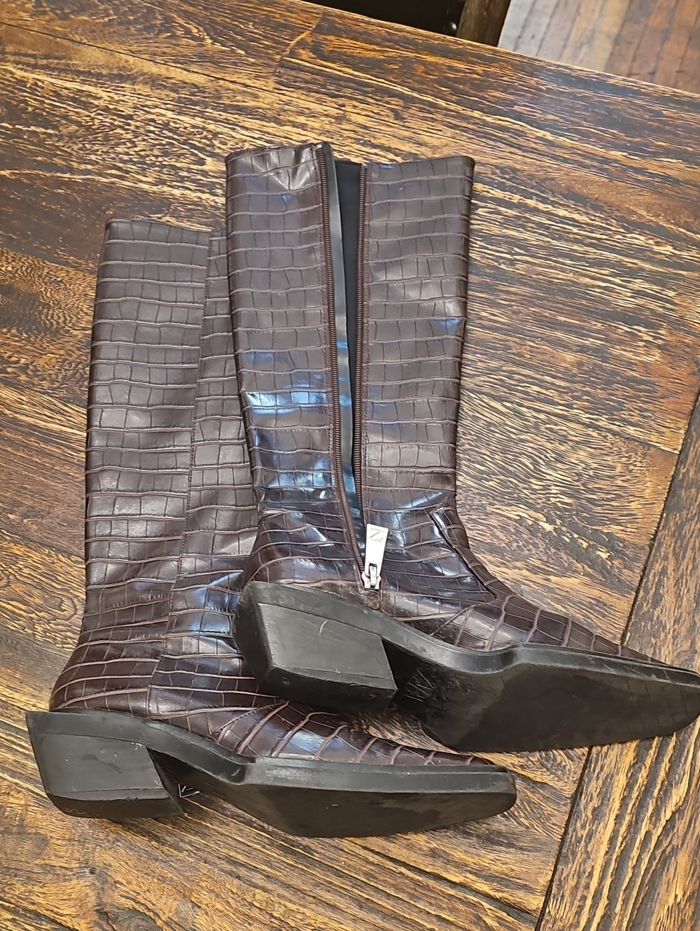 Zara Tall Croc-Embossed Brown Women's Boots 35 Or 5